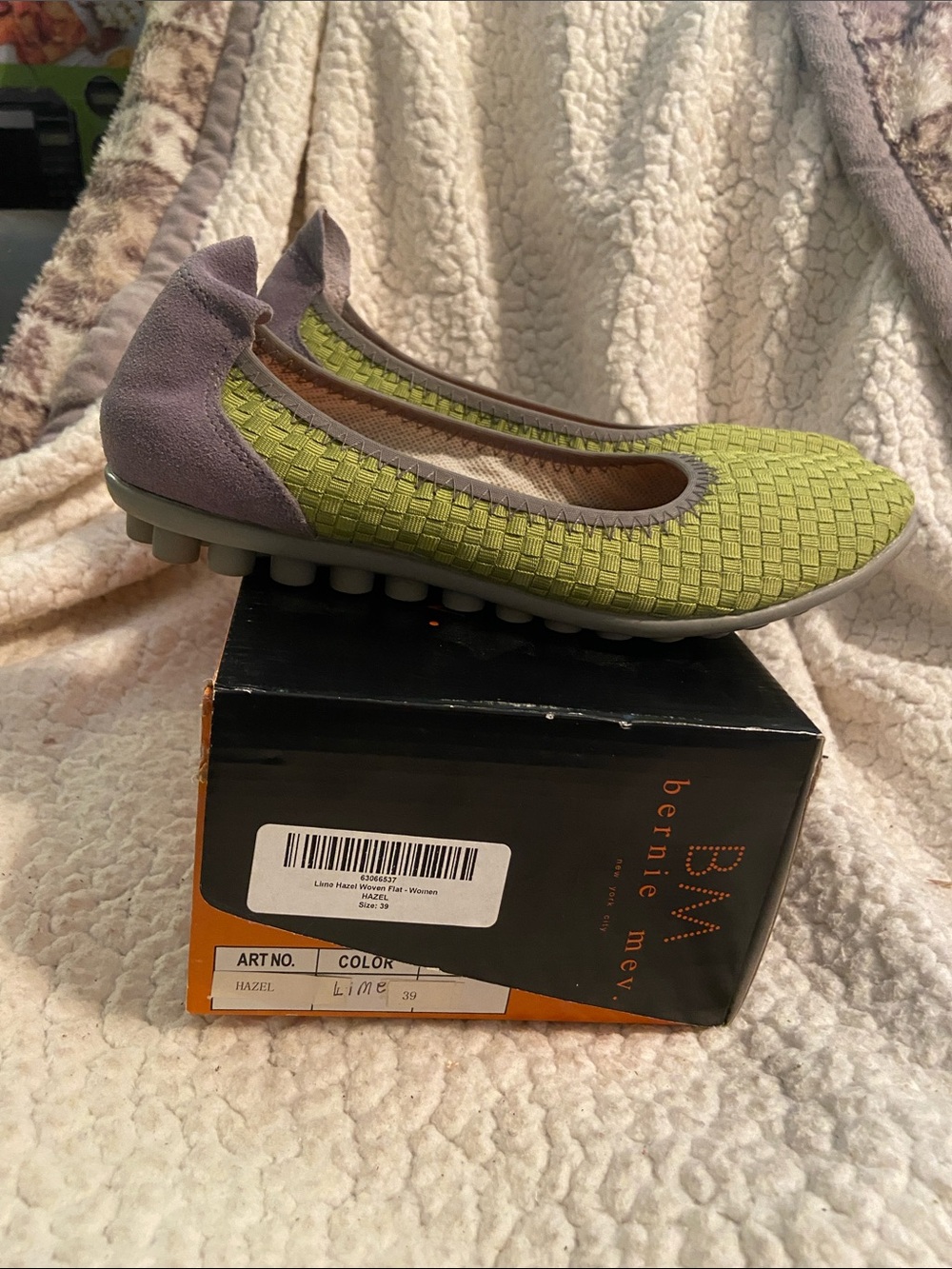bernie mev. Lime Green Woven Slip-On Ballet Flat with Gray Heel